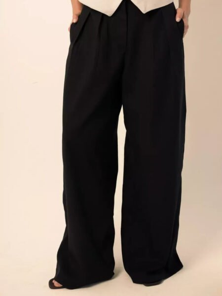 Linen Blend Darted Trousers in Black