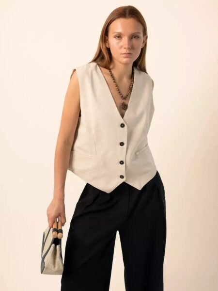 Linen Blend Oversized Vest in Beige