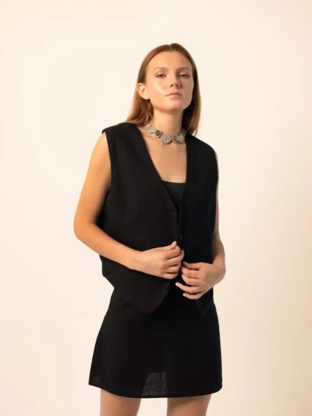Linen Blend Oversized Vest in Black