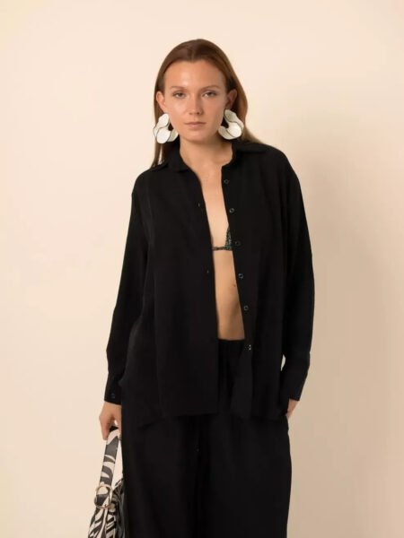 Oversized Shirt with Side Buttons - Black