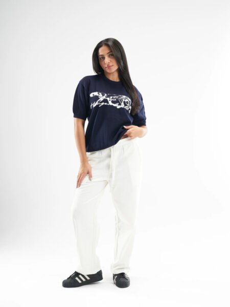 Navy Blue Hunger Built Me Round Knitted