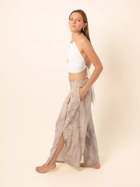 Wide-Leg Pants with Side Slits in Greige