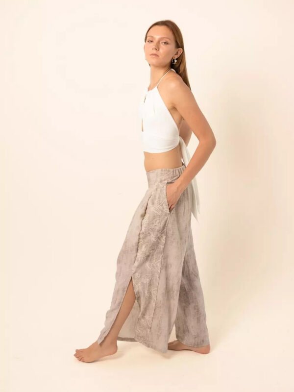 Wide-Leg Pants with Side Slits in Greige