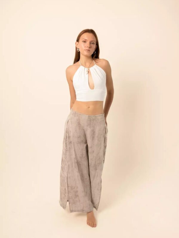Wide-Leg Pants with Side Slits in Greige
