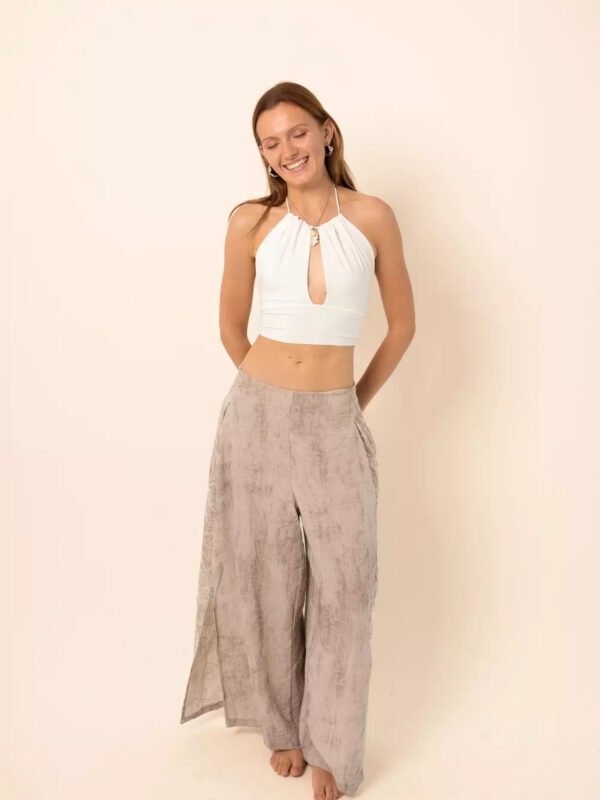 Wide-Leg Pants with Side Slits in Greige